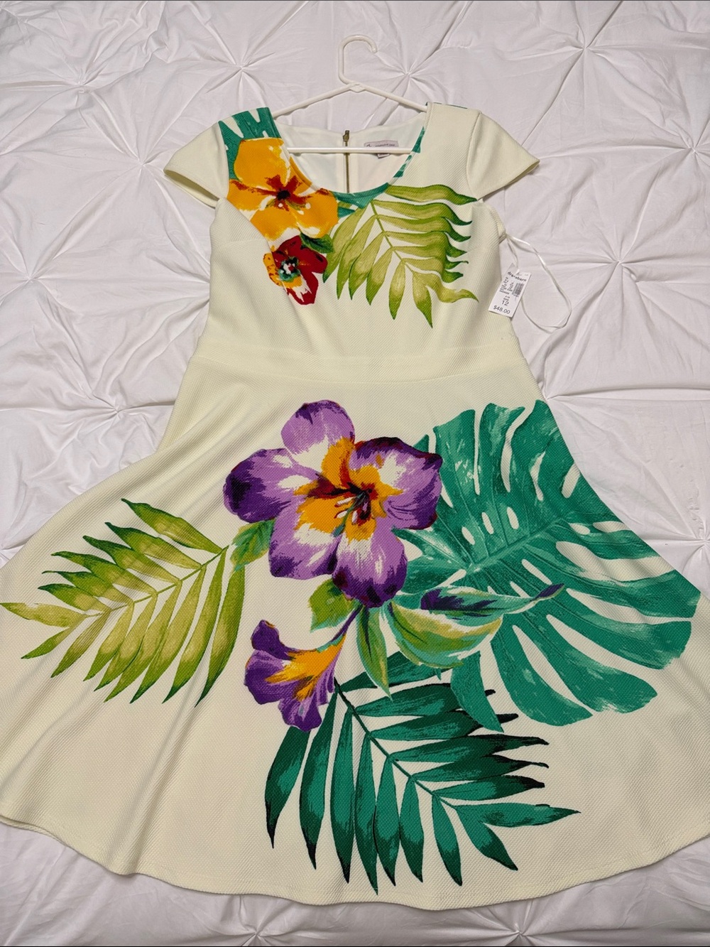 Dress Barn Cream Tropical Floral Fit & Flare Midi Dress